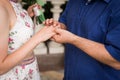 Groom puts wedding ring on brideÃ¢â¬â¢s finger. Bride and groom exchange rings in wedding day. Wedding ceremony process. Royalty Free Stock Photo